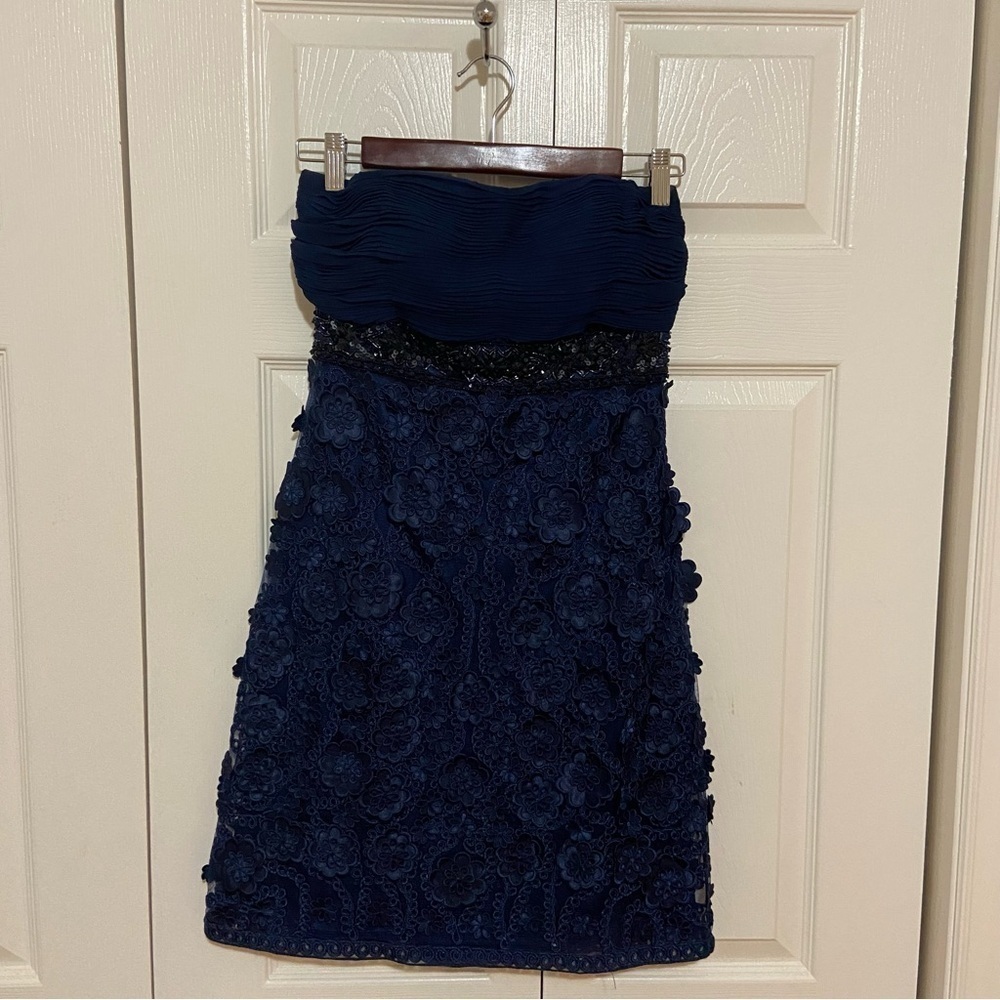 Sue Wong Beaded Embroidered Floral Strapless Navy Blue Mini Dress Size 4 - Picture 3 of 14